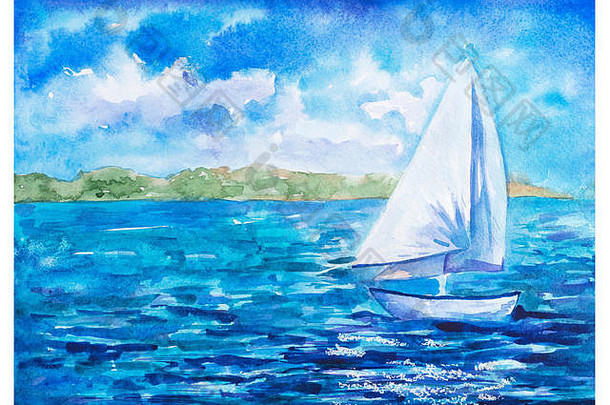夏天景观小高船白色帆浮动深蓝色的海水彩画画