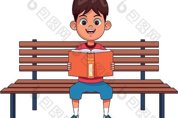 卡通快乐男孩阅读书坐着板凳上
