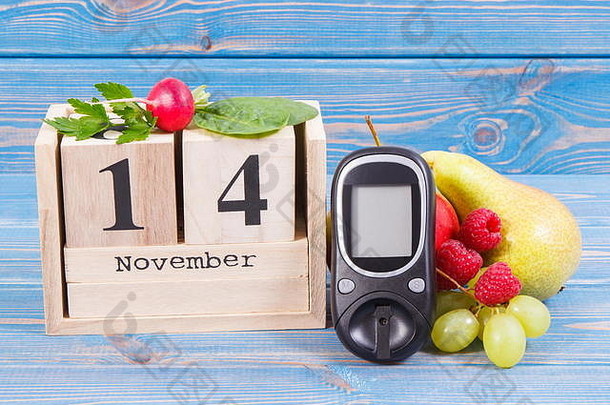 日期11月象征世界糖尿病一天glucometer测量糖水平水果蔬菜概念战斗疾病