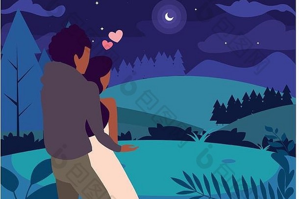 夫妇人爱走公园晚上景观向量插图设计