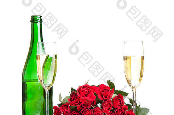 情人节一天玫瑰香槟酒孤立的白色