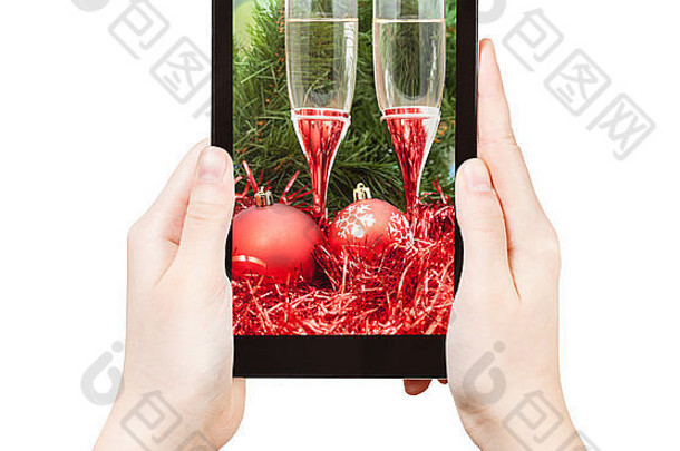 照片红色的圣诞节生活平板电脑孤立的白色背景