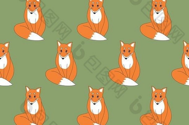 可爱的红色的狐狸绿色背景向量插图