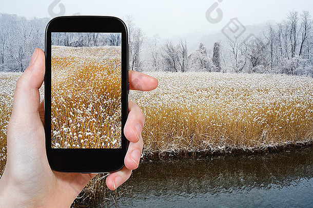 旅行概念旅游需要图片蔺制的哈德逊河岸冻树冬天智能手机美国