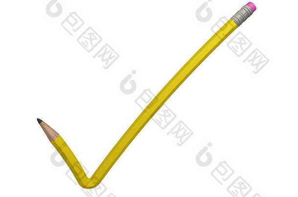 黄色的铅笔检查马克孤立的白色剪裁路径