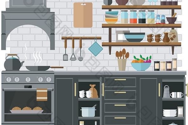 时尚的时尚厨房简单的颜色向量插图主题室内