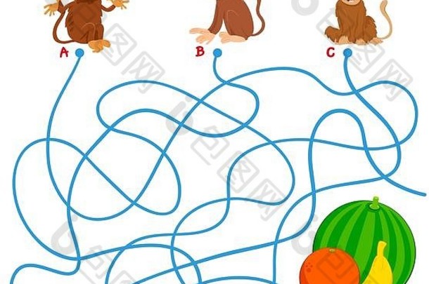 卡通插图迷宫谜题活动游戏猴子动物字符水果