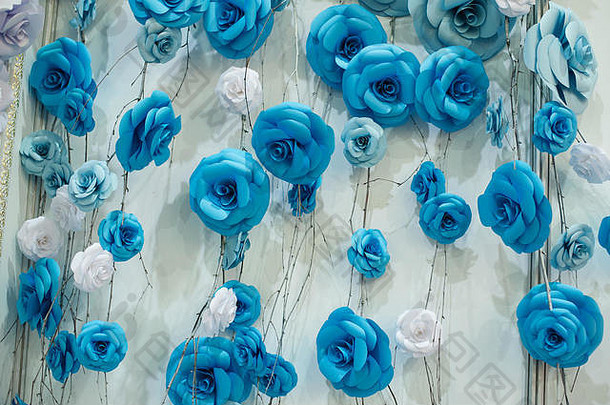浪漫的花背景蓝色的纸花婚礼装饰