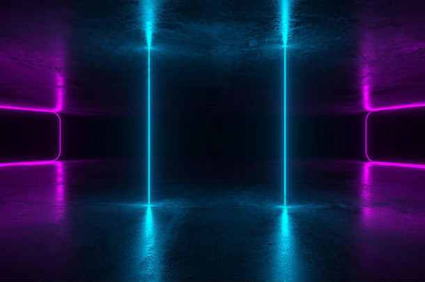 摘要未来主义的sci混凝土房间发光的霓虹灯灯反射空间文本呈现插图