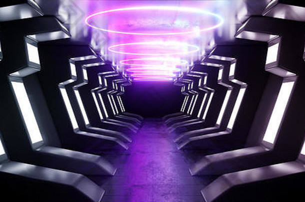 霓虹灯行未来主义的紫色的sci宇宙飞船发光的白色<strong>蓝色</strong>的金属反光混凝土地板上走廊<strong>隧道</strong>走廊入口门车库安德格