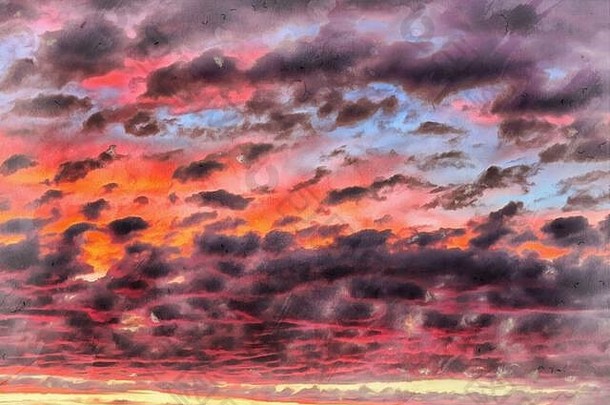 云日落天空色彩斑斓的绘画图片