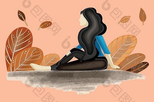 向量颜色插图肖像女孩头发坐着二分法背景秋天自然植物