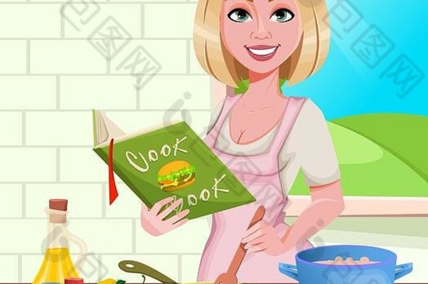 女人烹饪首页快乐的女孩准备食物美丽的夫人卡通字符向量插图