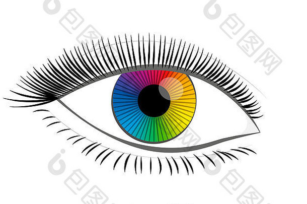 彩虹彩色的眼睛虹膜美丽的女神秘的色彩斑斓的幻想联系镜头插图白色背景