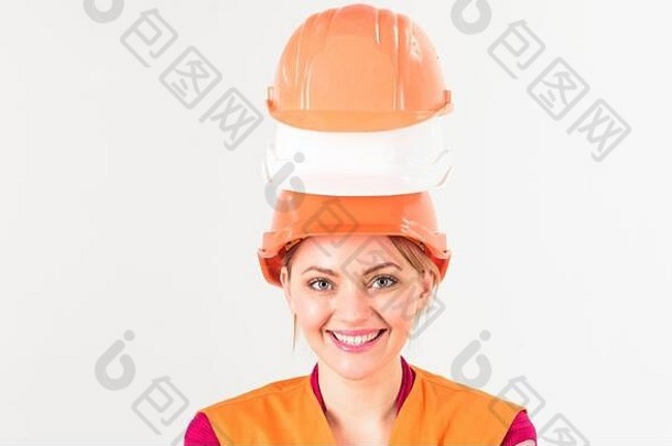 架构师工程师构建器保护硬帽子头女人快乐微笑脸统一的白色背景复制空间女工人桩头盔头很多任务概念