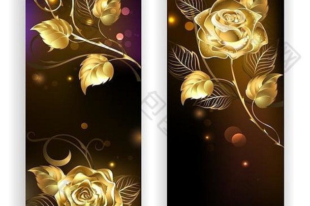 横幅黄金纠缠在一起玫瑰黑色的背景