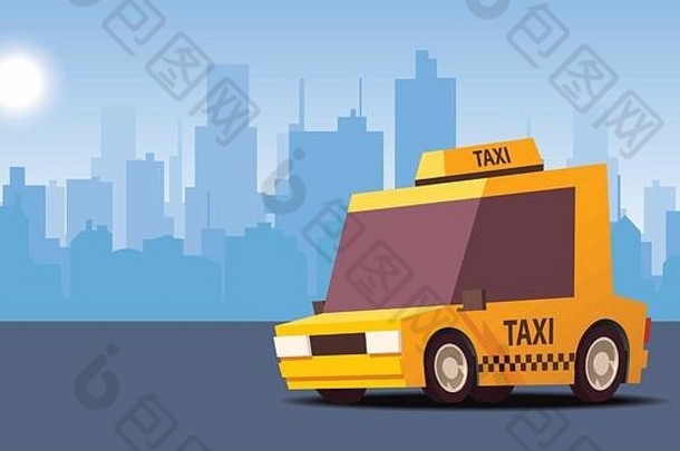 黄色的出租车车城市景观背景isoflat风格向量插图