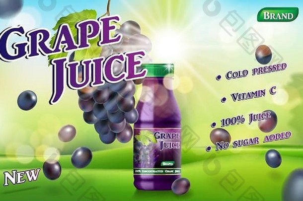 葡萄汁瓶阳光明媚的背景绿色草汁容器包现实的葡萄向量插图设计