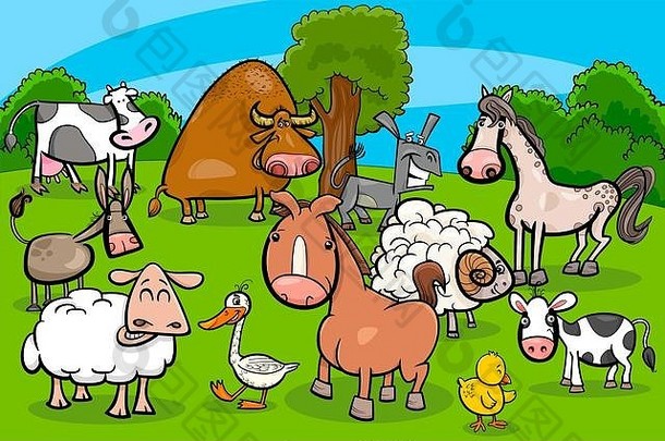 卡通插图可爱的农场动物字符集团