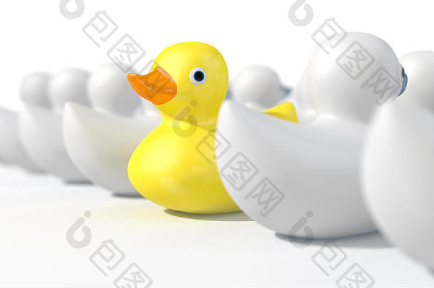 non-conformist描述黄色的橡胶浴鸭游泳流白色橡胶鸭子孤立的白色工作室背景任