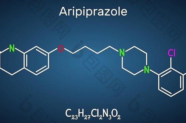 阿立哌唑神经递质非典型的抗精神病药物药物分子结构化学公式黑暗蓝色的背景向量插图