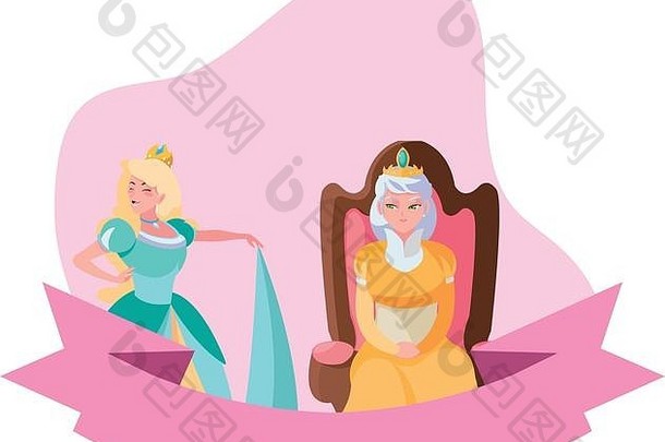美丽的公主女王宝座故事字符向量插图设计
