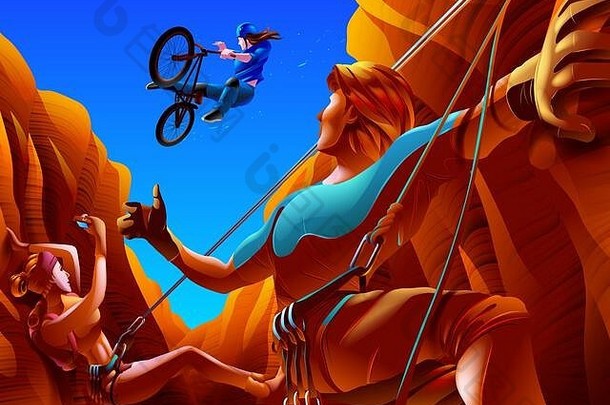 向量插图夫妇攀爬峡谷槽女人捕捉拍摄山骑自行车的人跳自行车