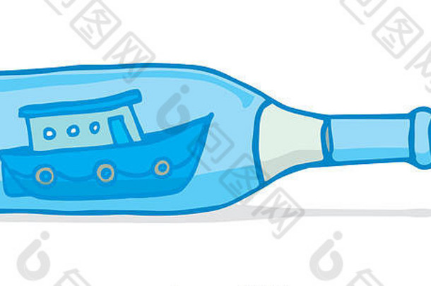 卡通插图瓶持有微型钓鱼船