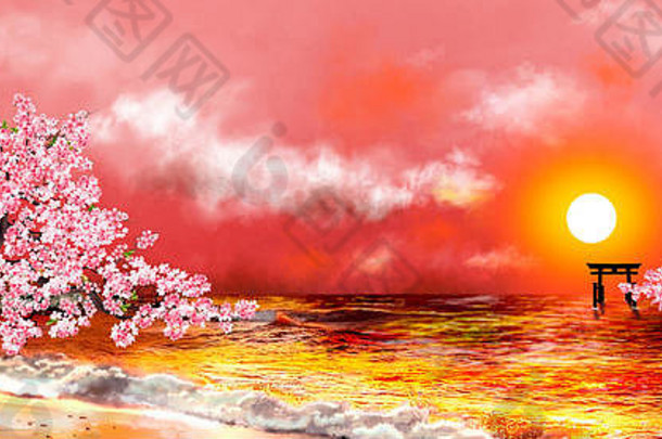 海景樱桃花朵日本宝塔门天空云日落日本景观