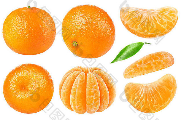 孤立的柑橘类集合橘子普通话橙色水果去皮段孤立的白色背景剪裁路径