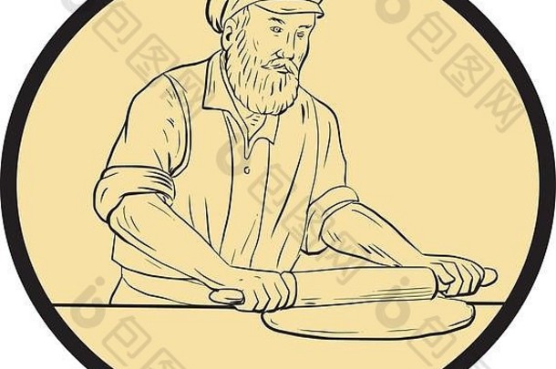 画草图风格插图贝克老板烹饪中世纪的次持有滚动销滚动面团查看前面集内部椭圆形形状