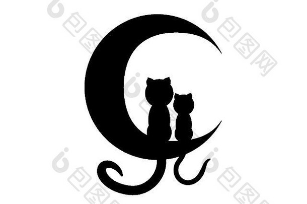 卡通插图猫坐着月亮黑色的轮廓