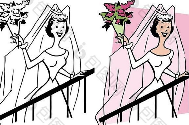 卡通新结婚了新娘准备好了扔花花束