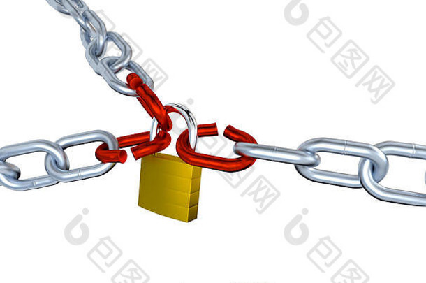 金属链强调链接锁着的挂锁白色背景