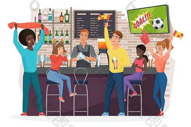 人喝啤酒酒吧平向量插图朋友看足球匹配酒保站体育运动酒吧站卡通字符足球球迷有趣的酒吧工作日