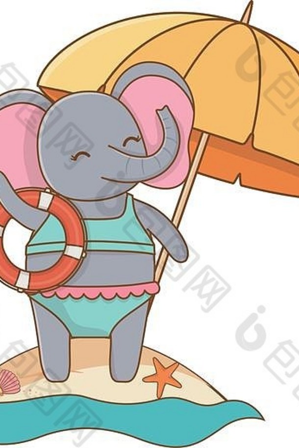 可爱的动物大象享受夏天时间假期假期卡通向量插图图形设计