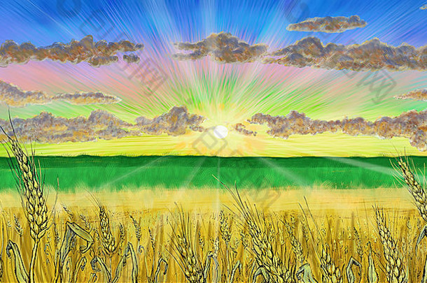 小麦峰值金字段日落插图
