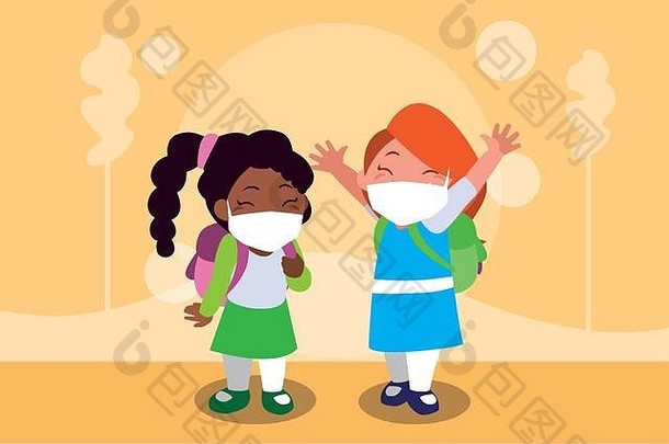 女孩孩子们漫画面具学校袋公园设计科维德病毒主题向量插图