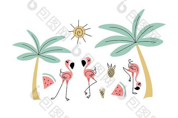 夏天热带集合粉红色的火烈鸟棕榈树水果白色背景向量插图