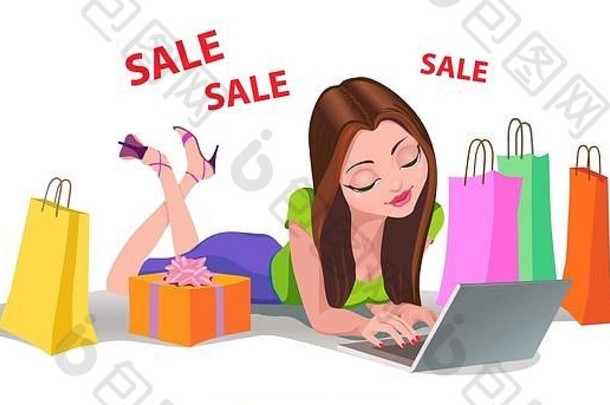 快乐女人购物在线劣品地板上互联网