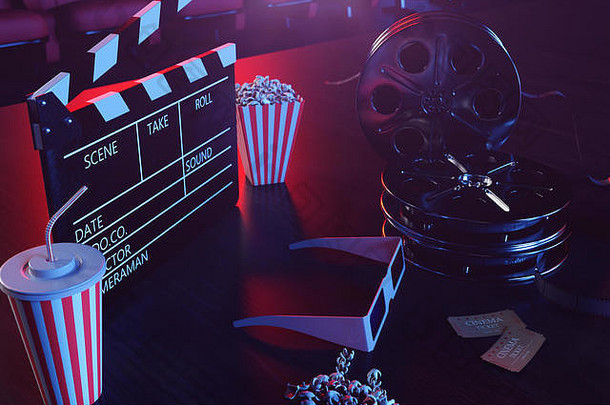 电影电影看作文眼镜电影克拉珀电影卷爆米花幻灯片电影概念xxx蓝色的光红色的椅子
