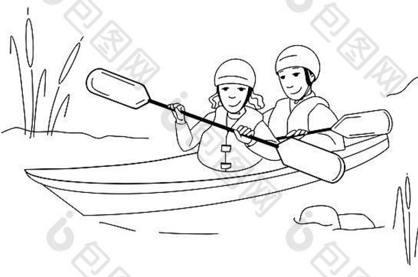 夫妇男人。女人皮划艇湖河多德尔草图风格向量插图