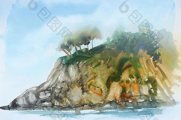 水彩绘画显示沿海景观托斯卡纳夏天时间