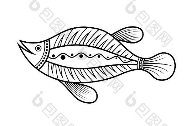 鱼土著居民的艺术风格纹黑色的白色标志向量单色插图孤立的白色背景