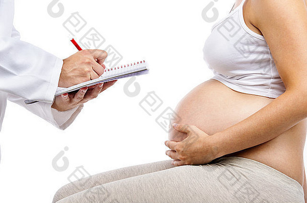 认不出来怀孕了女人产前检查医生孤立的白色背景