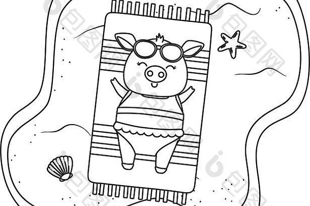 可爱的动物猪享受假期夏天时间旅行放松卡通向量插图图形设计