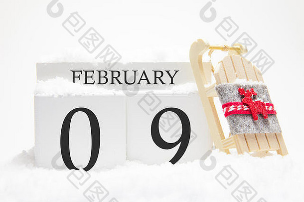 木日历2月一天冬天月符号冬天雪雪橇概念假期假期冬天有趣的