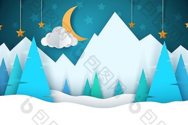 冬天卡通纸景观快乐圣诞节快乐一年冷杉月亮云明星山雪