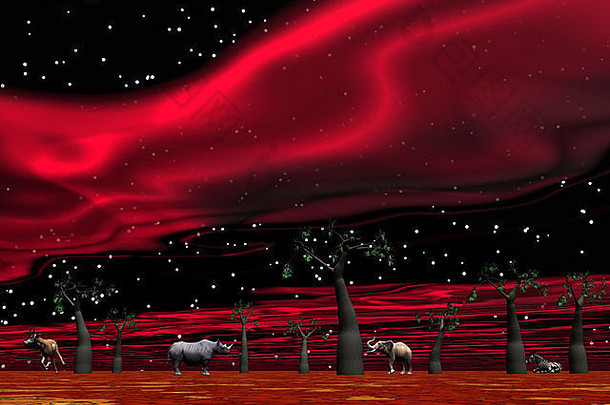 动物萨凡纳猴面包树红色的布满星星的晚上