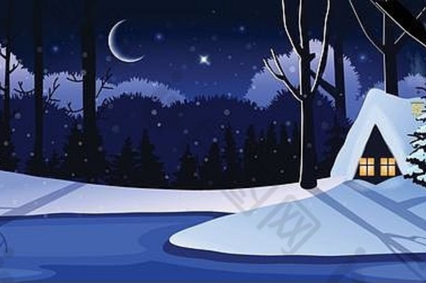 可爱的冬天宁静的雪晚上景观场景房子森林月亮光发光的星星向量插图横幅帖子